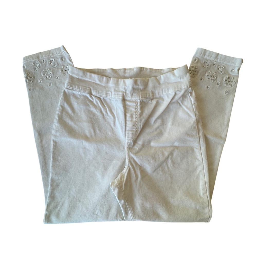 Hue Womens White Denim Leggings Floral Eyelet Rhinestone Ankle Jeggings Size M